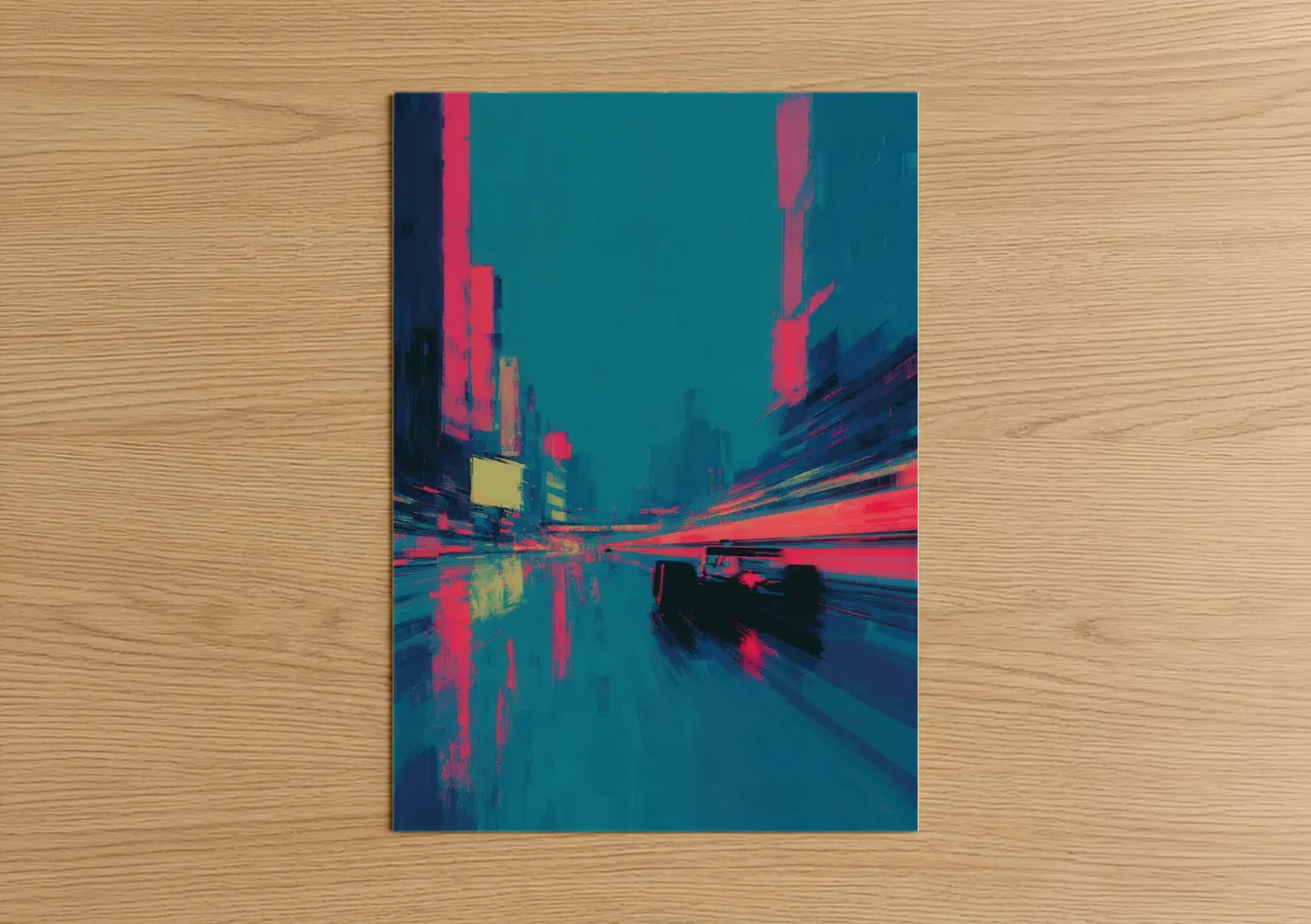 Auto racing art print on warm oak wood — magenta and teal palette — Neon Speed Rush poster