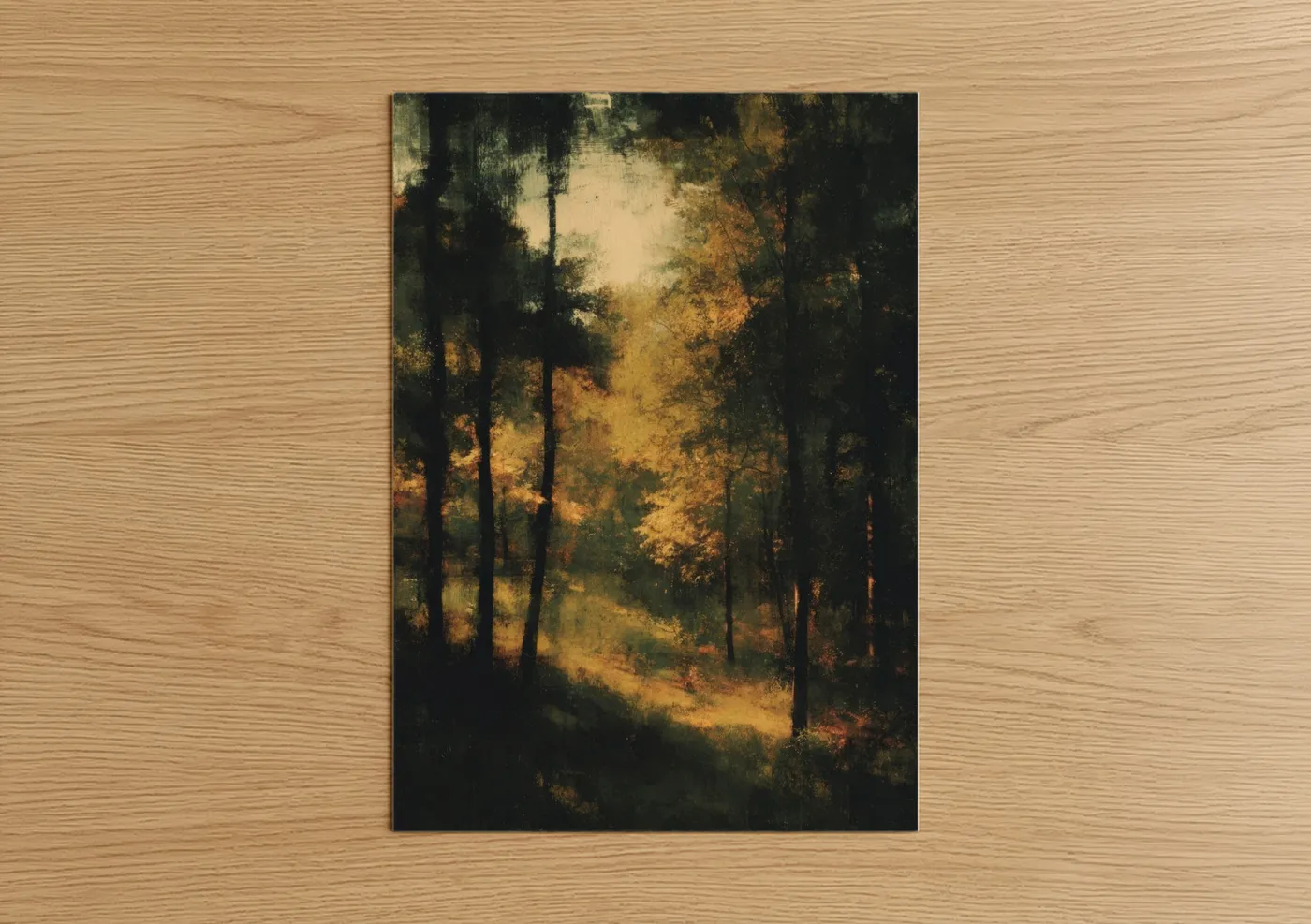 Art print on warm oak wood — gold and dark green palette — Golden Oak Forest poster