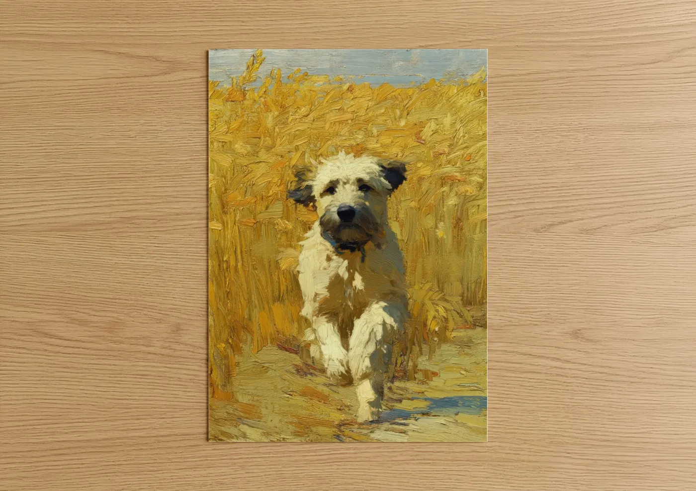 Art print on warm oak wood — gold and cream palette — Golden Field Terrier poster