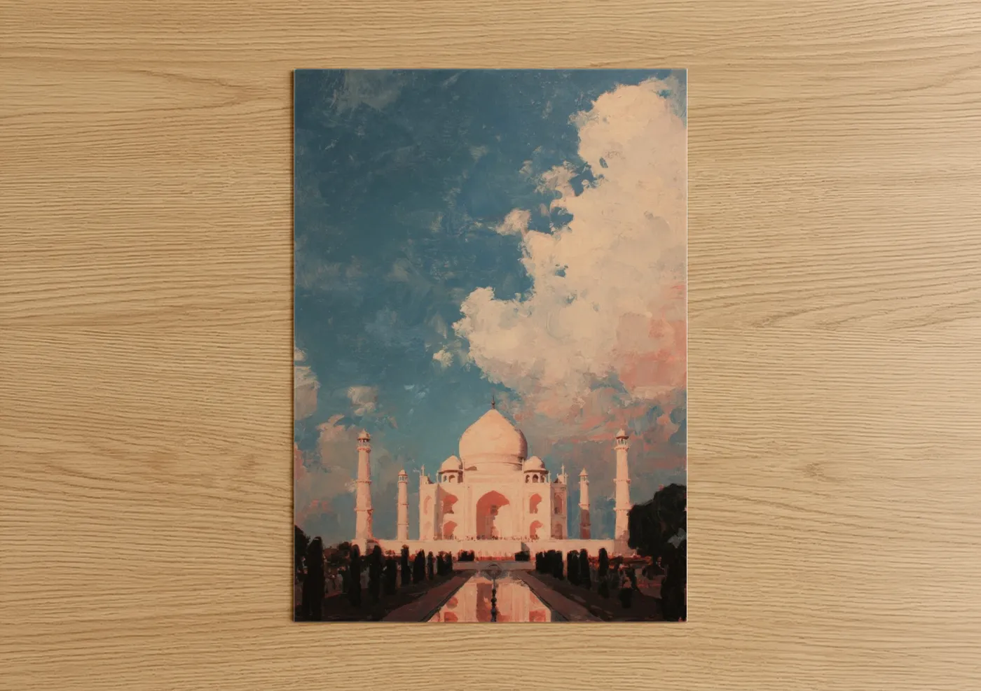 Art print on warm oak wood — peach and blue palette — Taj Mahal Sunset poster