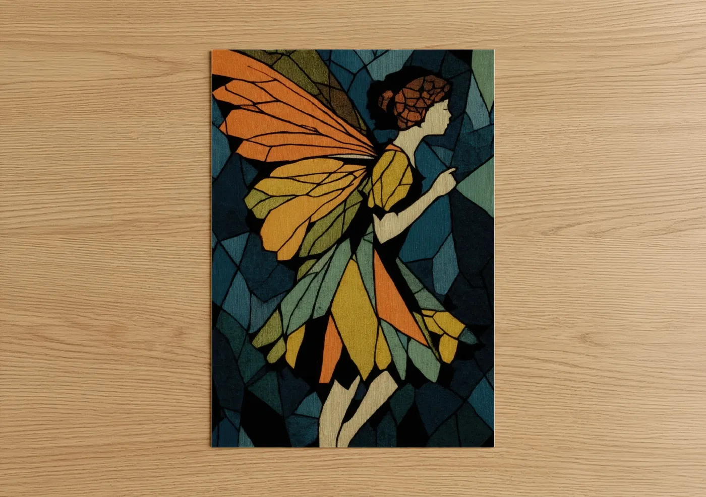 Art print on warm oak wood — gold and teal palette — Autumn Fairy poster
