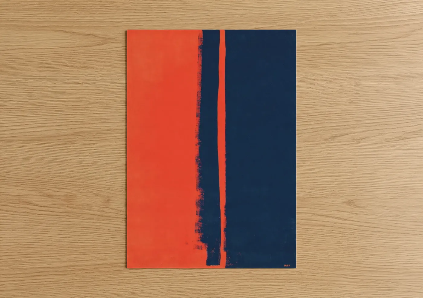 Abstract expressionism art print on warm oak wood — red and dark blue palette — Crimson Division poster