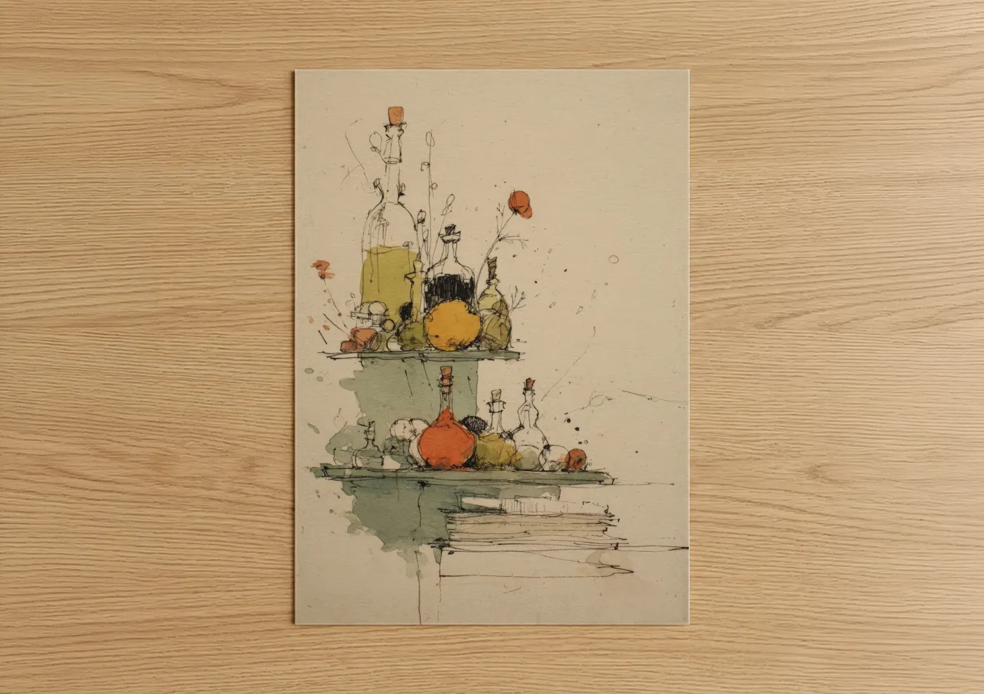 Herbs and spices art print on warm oak wood — beige and sage green palette — Apothecary Collection poster