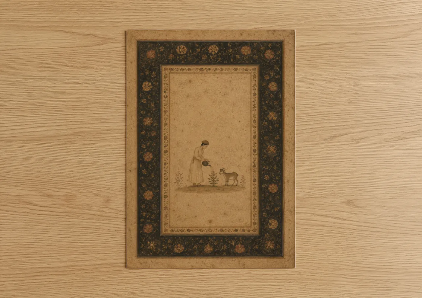 Art print on warm oak wood — beige and gold palette — Persian Miniature Goat and Figure Wall Art poster