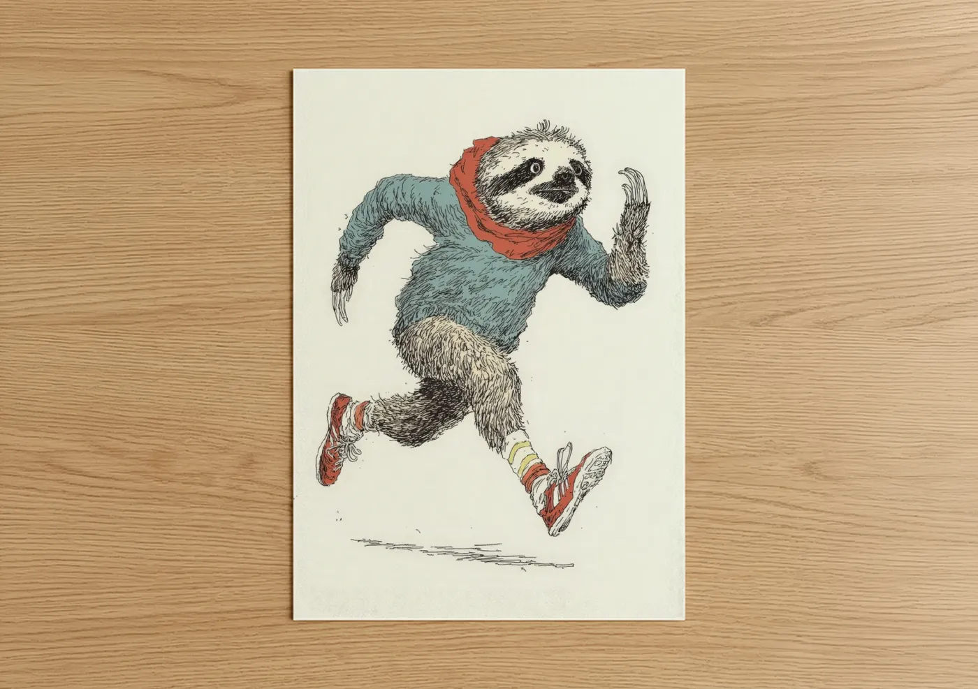 Art print on warm oak wood — teal and russet palette — Running Sloth poster