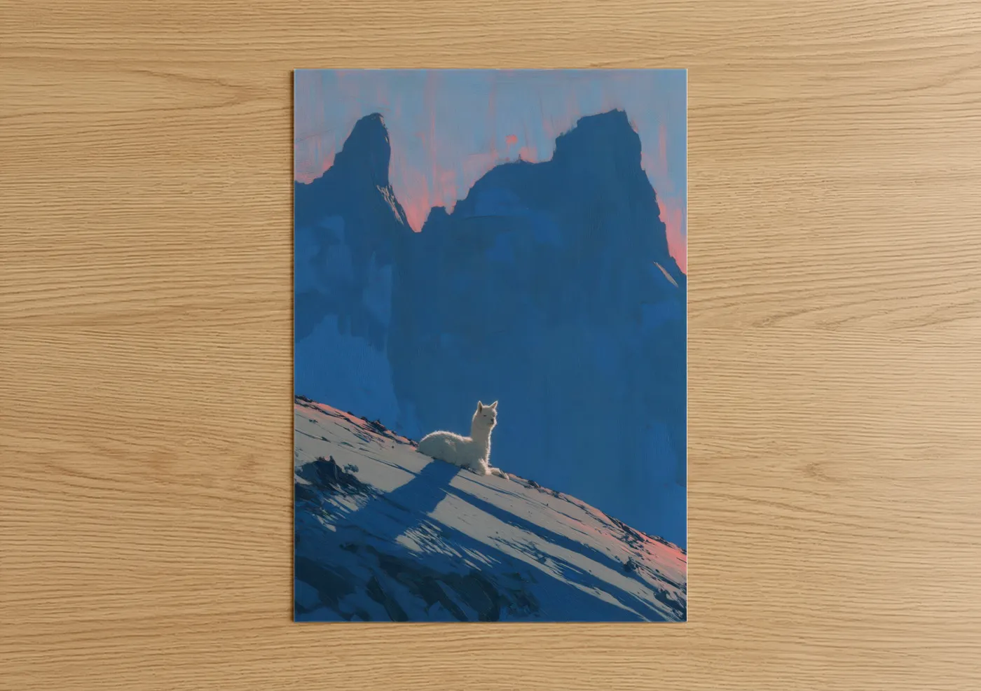 Art print on warm oak wood — blue and peach palette — Alpine Alpaca poster