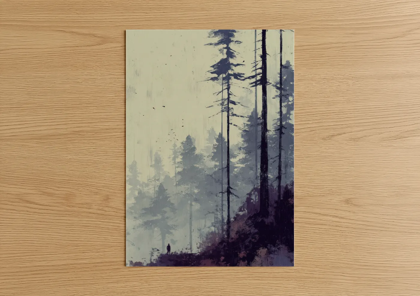 Art print on warm oak wood — gray and dove gray palette — Misty Cedar Forest poster