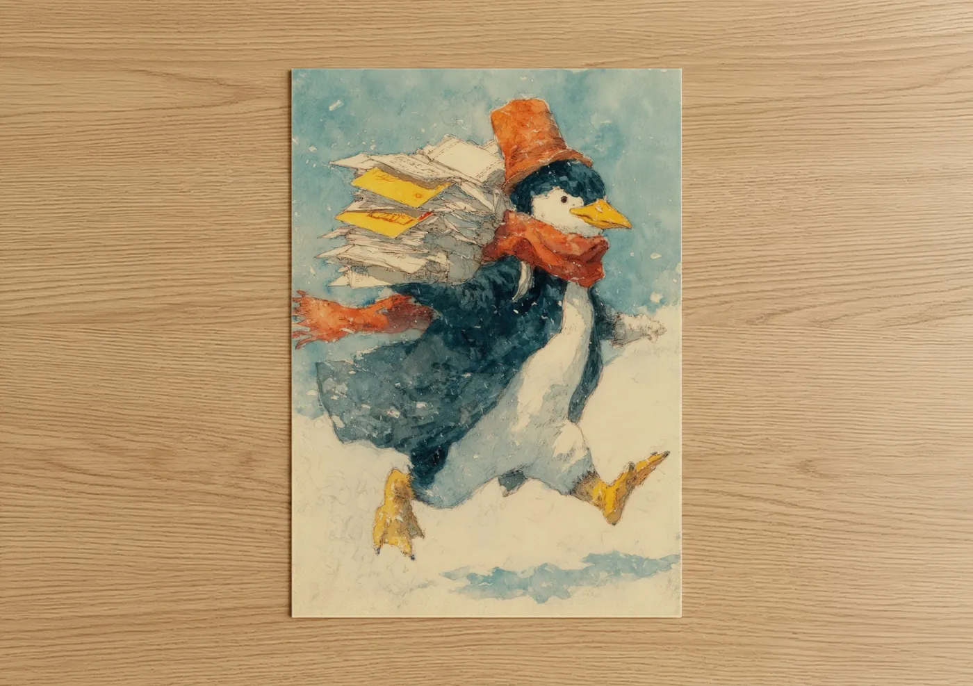 Festive Penguin Postman Winter Watercolor Wall Art