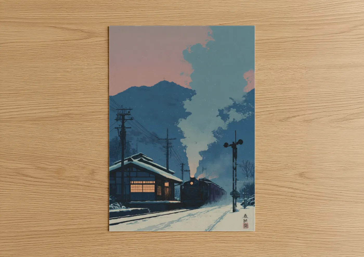 Snowy Station Train Winter Landscape Wall Art