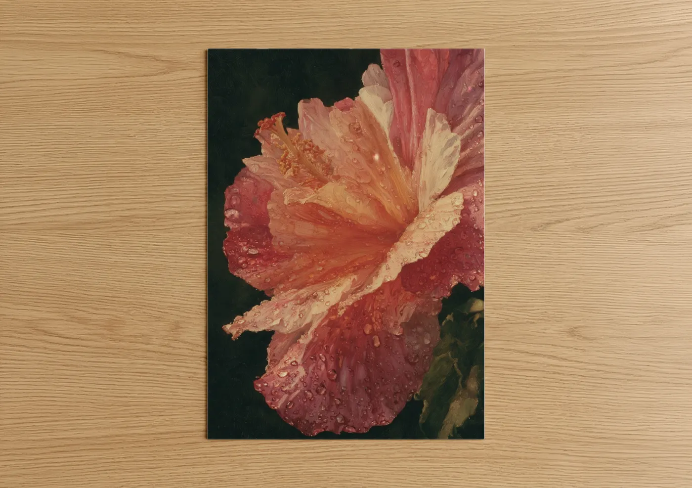 Art print on warm oak wood — salmon pink and cream palette — Coral Hibiscus Bloom poster