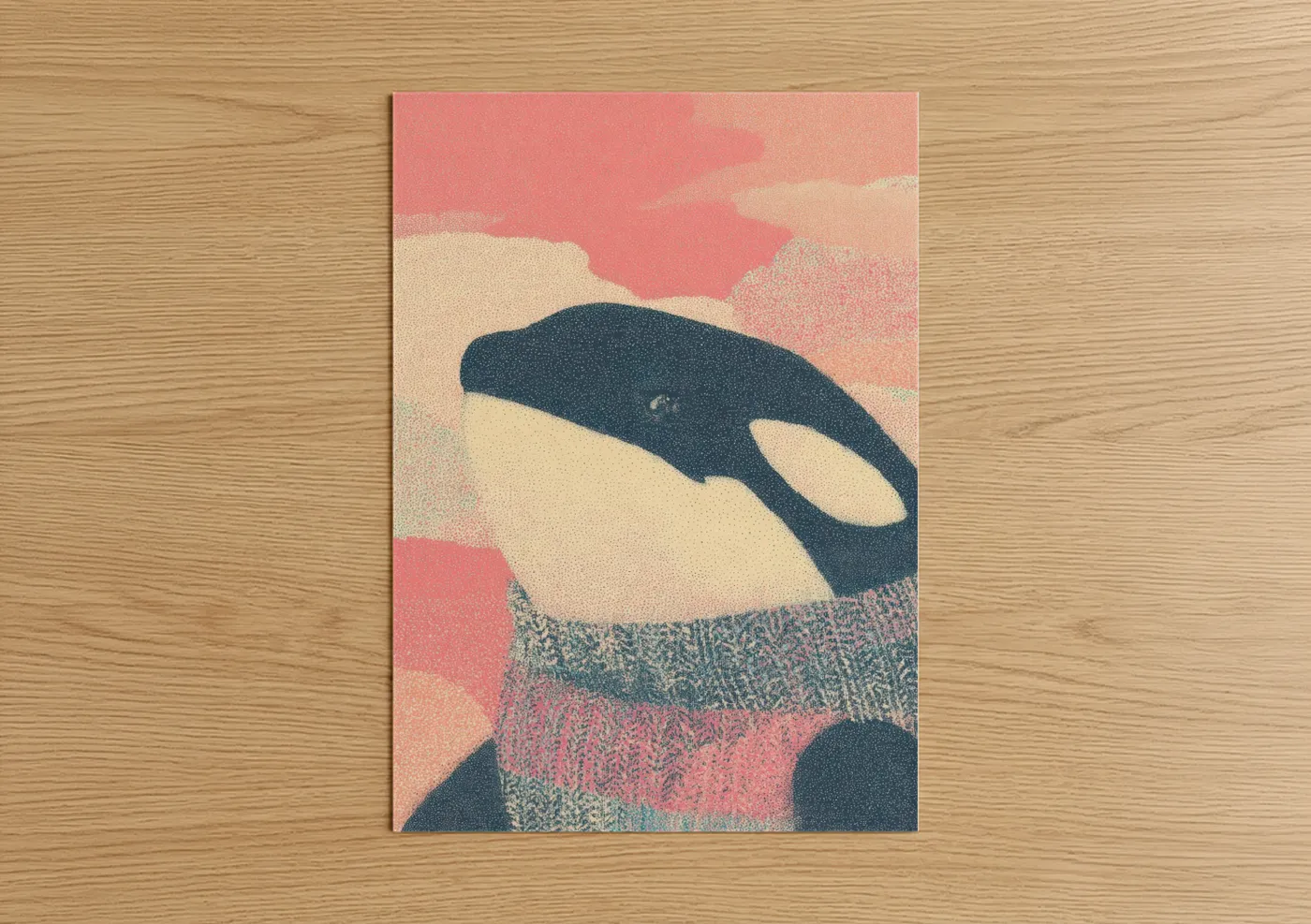 Orca whale art print on warm oak wood — blue and peach palette — Arctic Orca poster