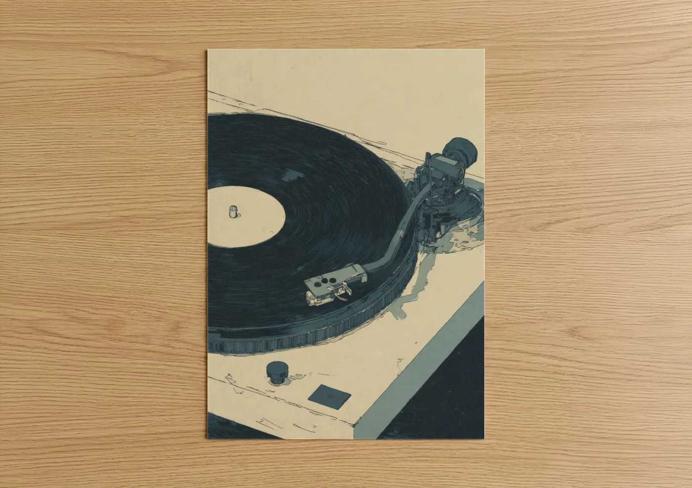 Vinyl records art print on warm oak wood — cream and black palette — Vintage Turntable poster