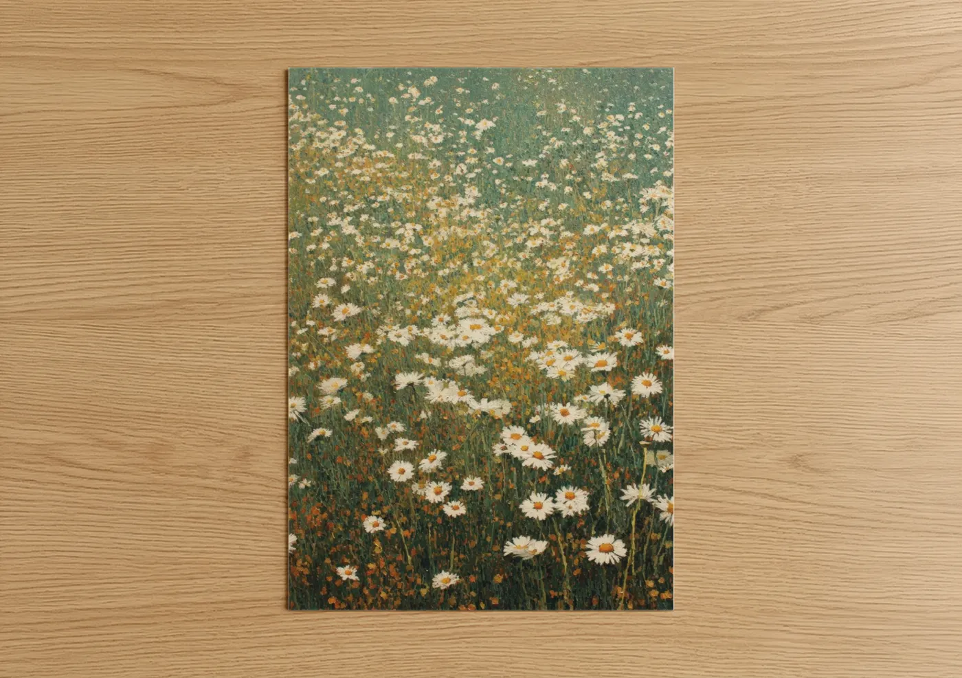 Art print on warm oak wood — sage green and cream palette — Daisy Meadow poster