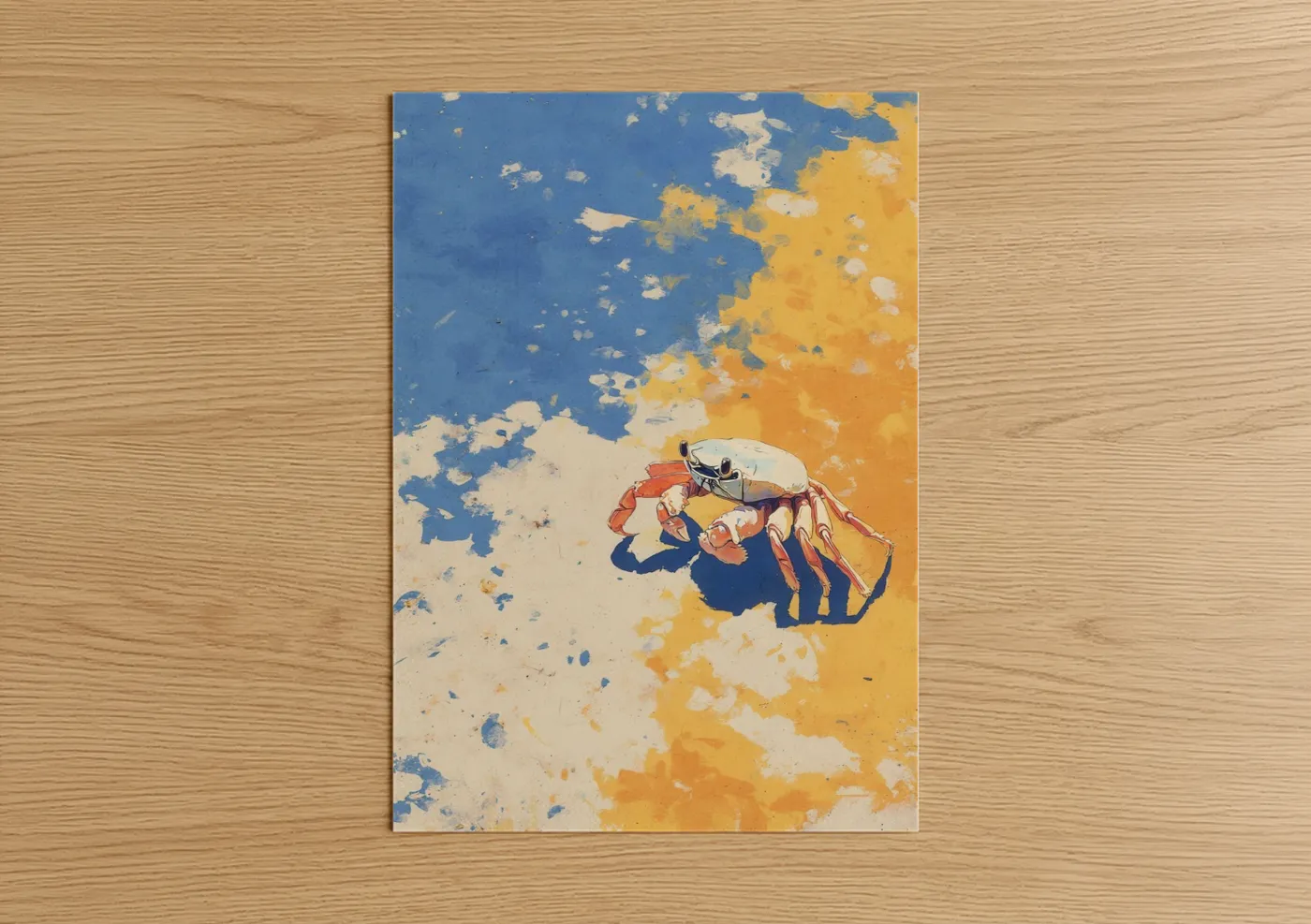 Art print on warm oak wood — blue and gold and orange palette — Sunset Crab poster
