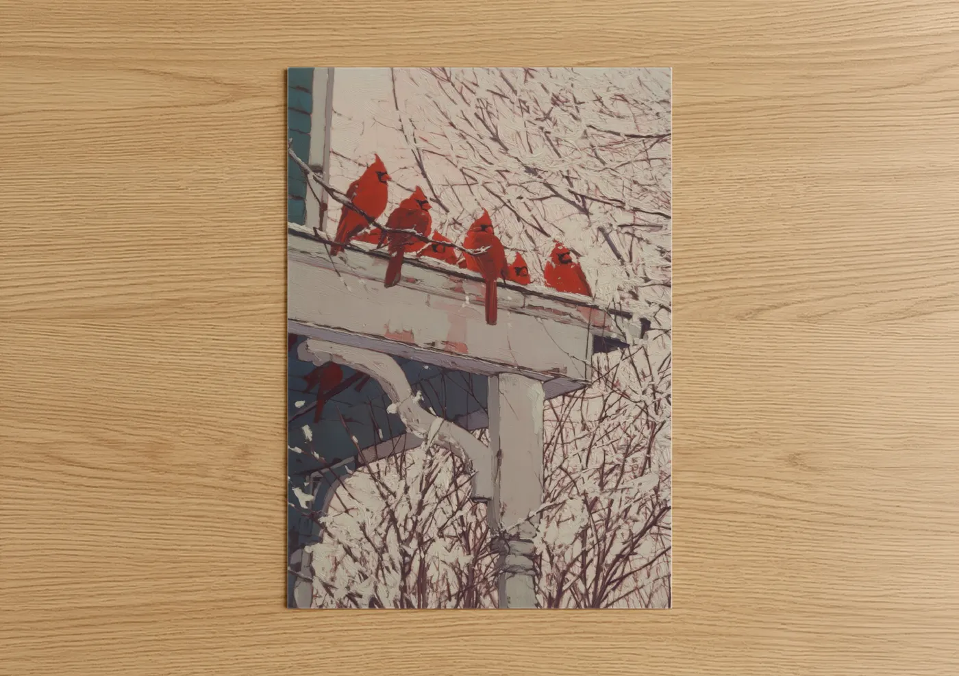 Art print on warm oak wood — red and gray palette — Cardinal Perch poster