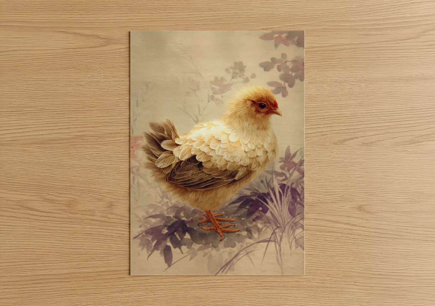Chicken and roosters art print on warm oak wood — cream and gold palette — Golden Chick Portrait poster