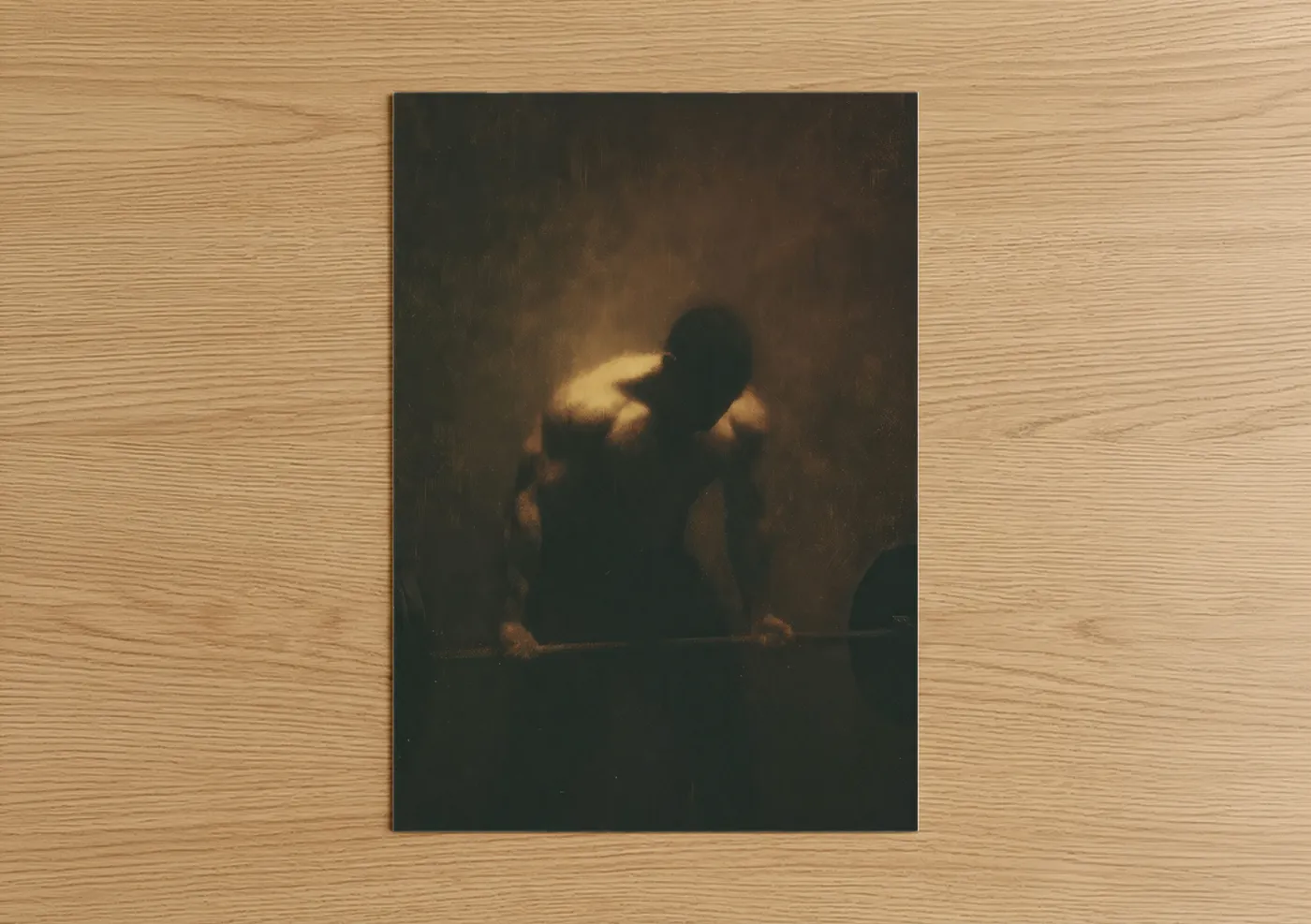 Bodybuilding art print on warm oak wood — gold and black palette — Strength Silhouette poster