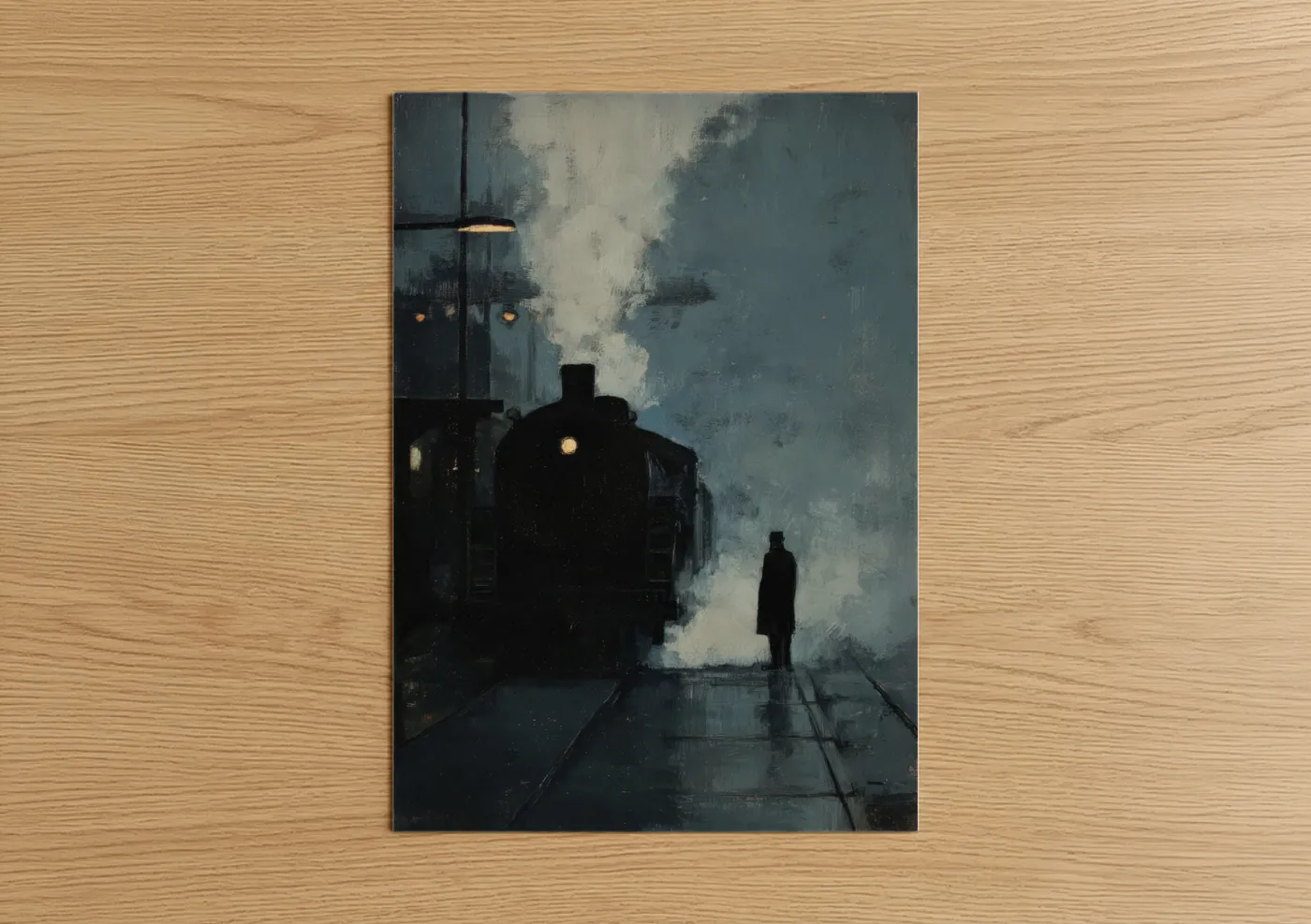 Art print on warm oak wood — gray and white and dark blue palette — Midnight Train Station poster
