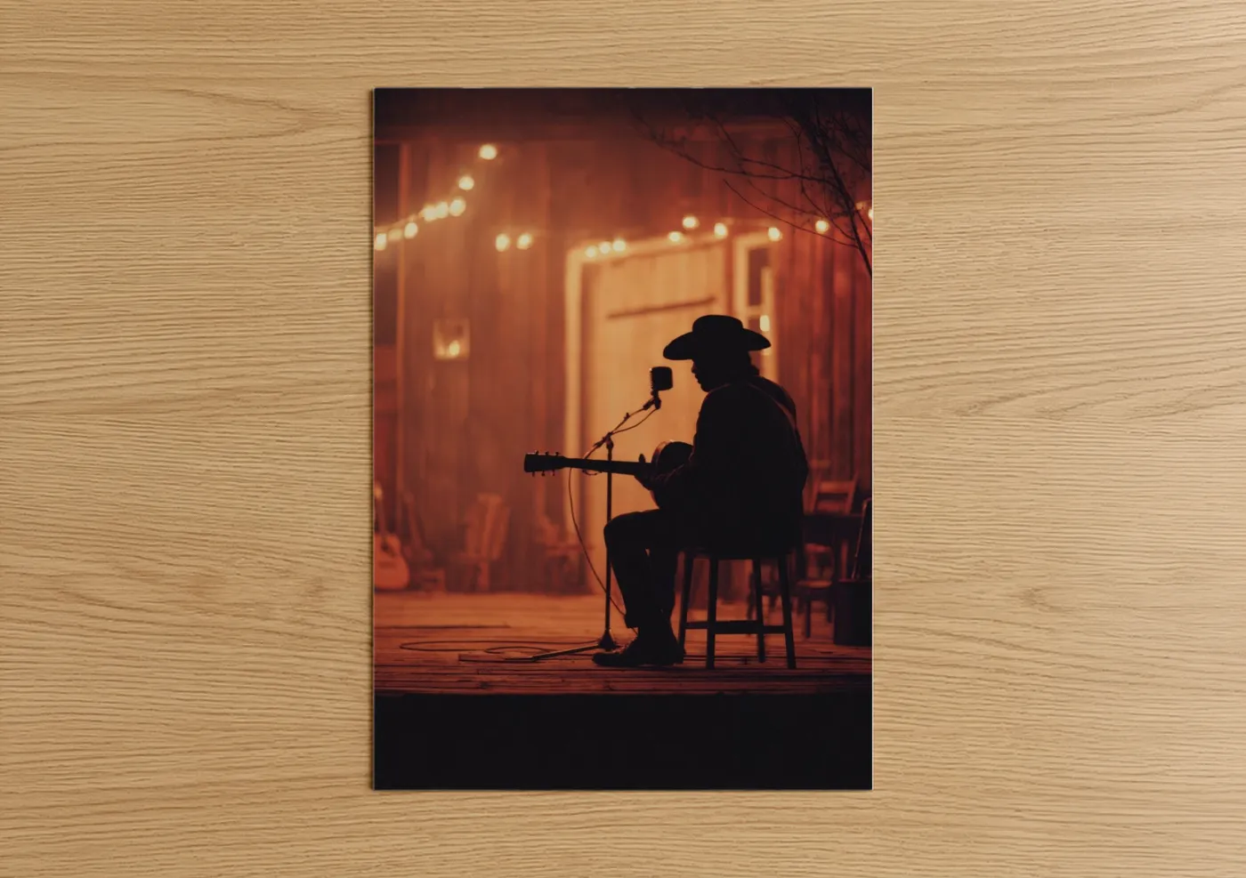 Art print on warm oak wood — russet and gold palette — Solitary Country Performer poster