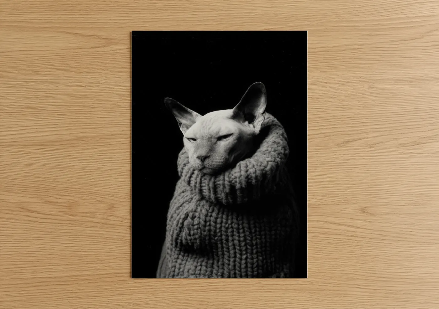 Cat in Sweater Black and White Portrait Wall Art
