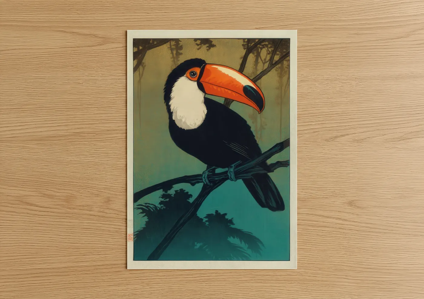 Art print on warm oak wood — gold and teal palette — Tropical Toucan poster