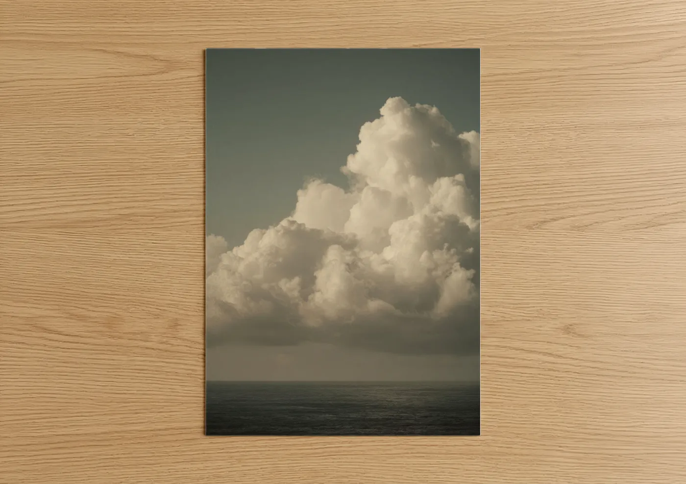 Morning sky art print on warm oak wood — sage green and white palette — Towering Morning Clouds poster