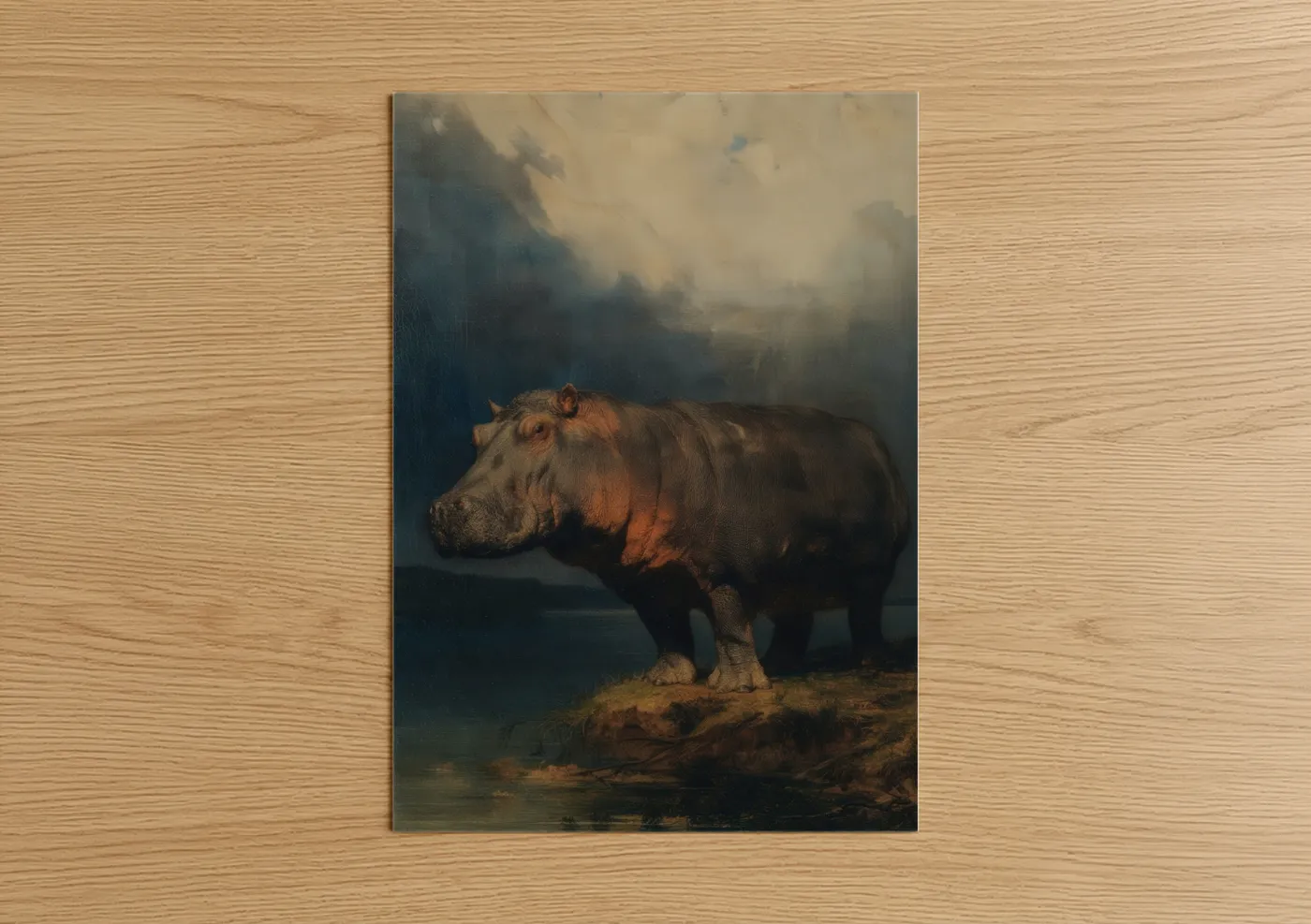 Misty Hippo Wildlife Painting Wall Art