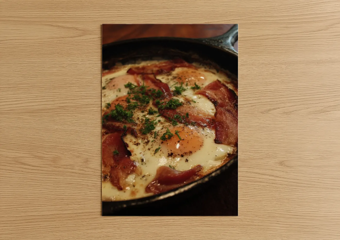 Breakfast art print on warm oak wood — gold and russet palette — Bacon Egg Skillet poster
