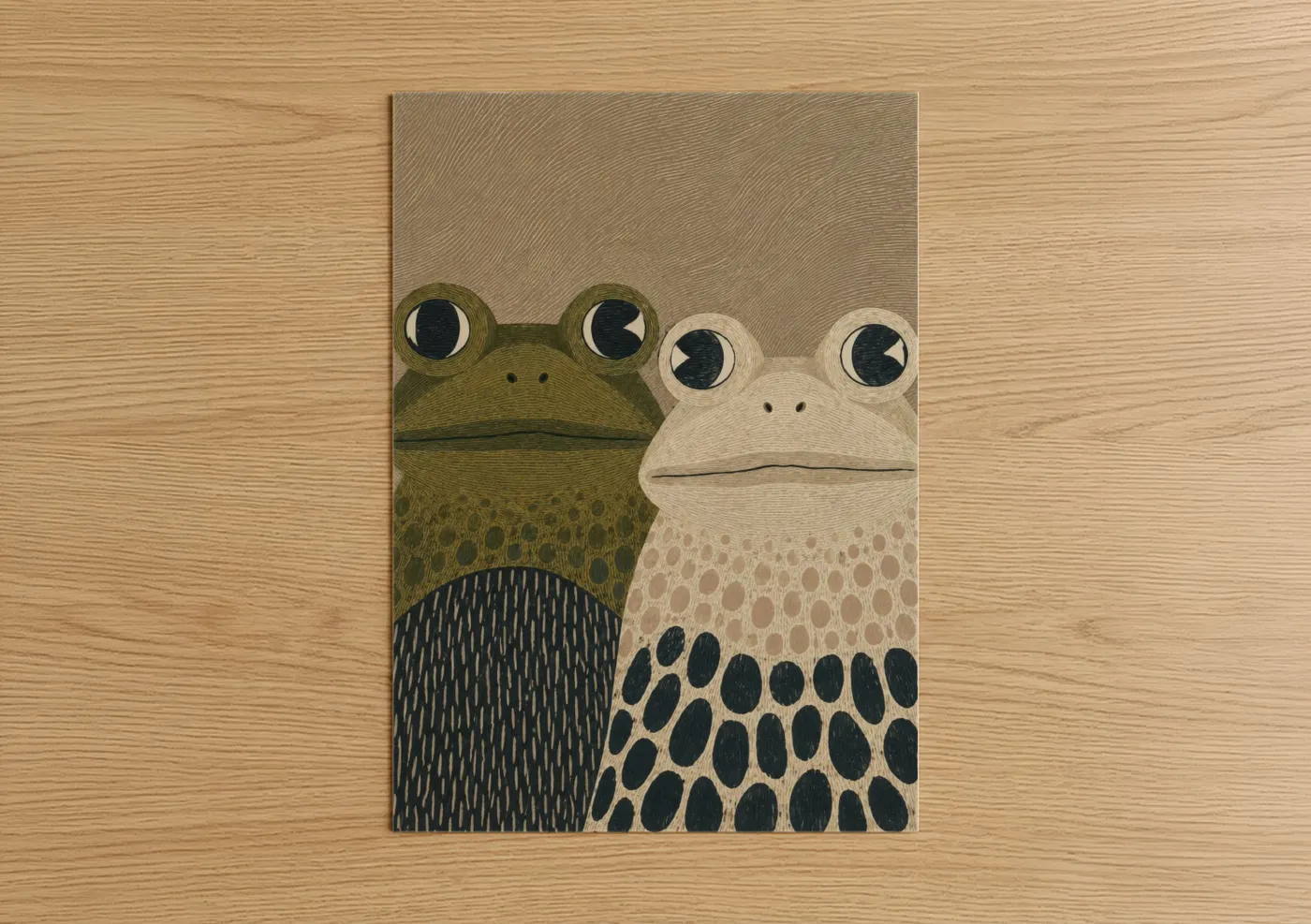 Frogs and toads art print on warm oak wood — olive and beige palette — Two Frogs Textured Folk Wall Art poster