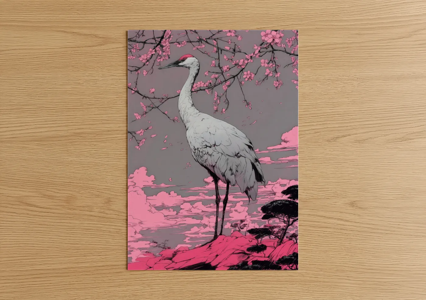 Cherry Blossom Crane Pink Watercolor Wall Art