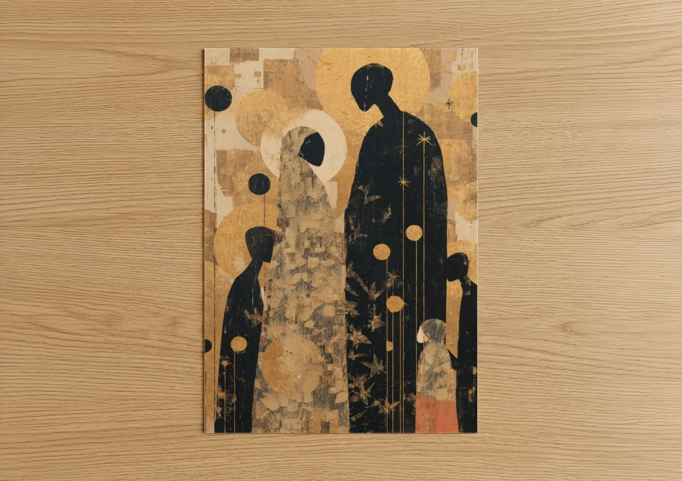 All saints day art print on warm oak wood — gold and black and gold palette — Celestial Remembrance poster