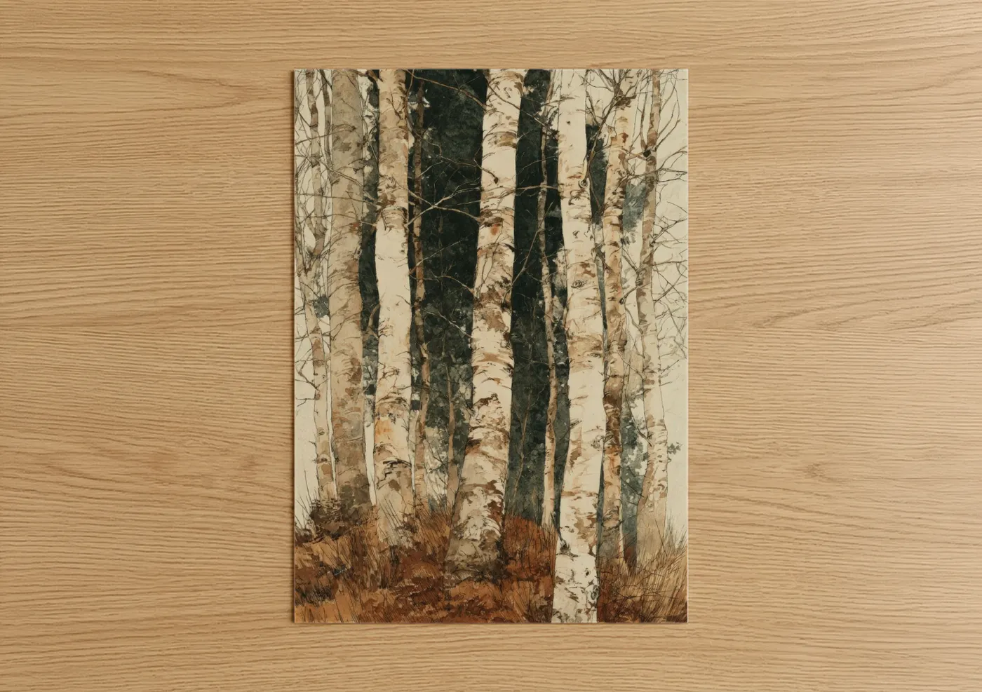 Art print on warm oak wood — beige and russet palette — Autumn Birch Forest poster