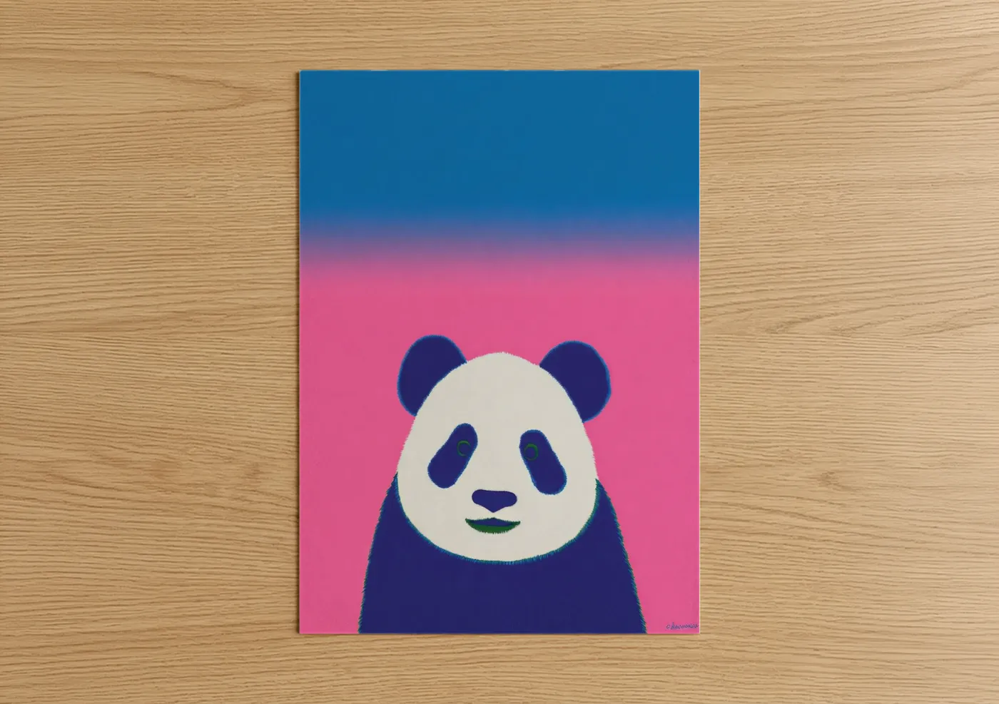 Art print on warm oak wood — blue and black and white palette — Smiling Panda poster