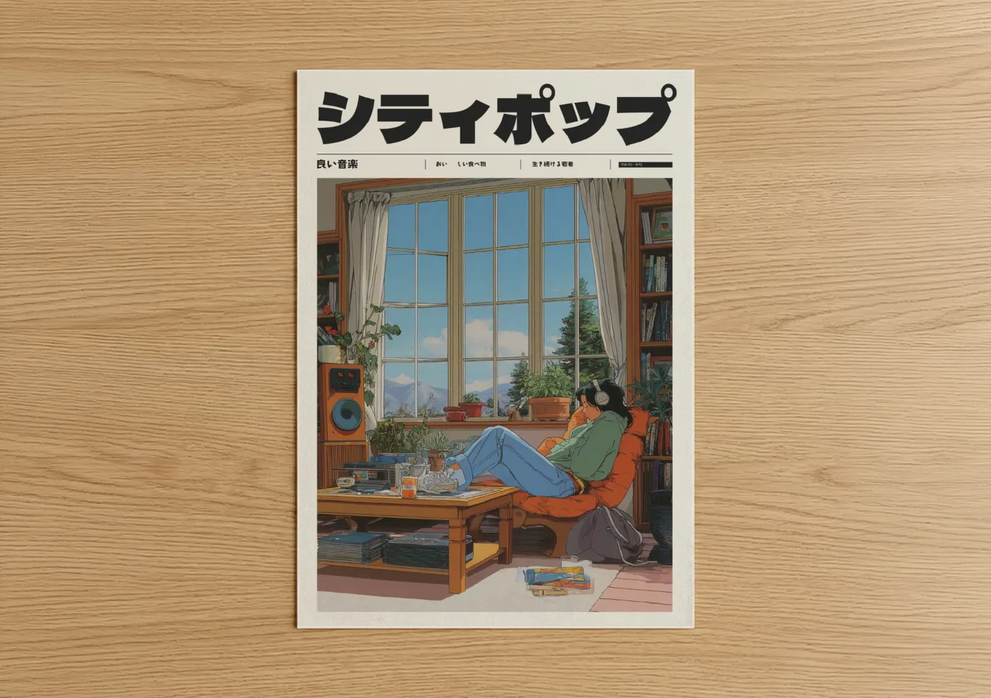 Anime and manga art print on warm oak wood — blue and orange palette — Cozy Window Lofi poster