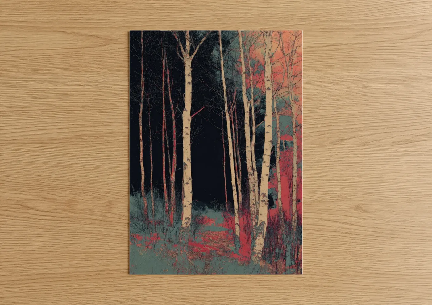 Art print on warm oak wood — teal and rose gold palette — Crimson Birch Forest poster