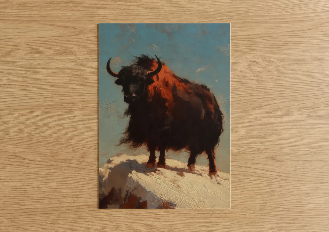 Art print on warm oak wood — orange and blue palette — Golden Hour Yak poster