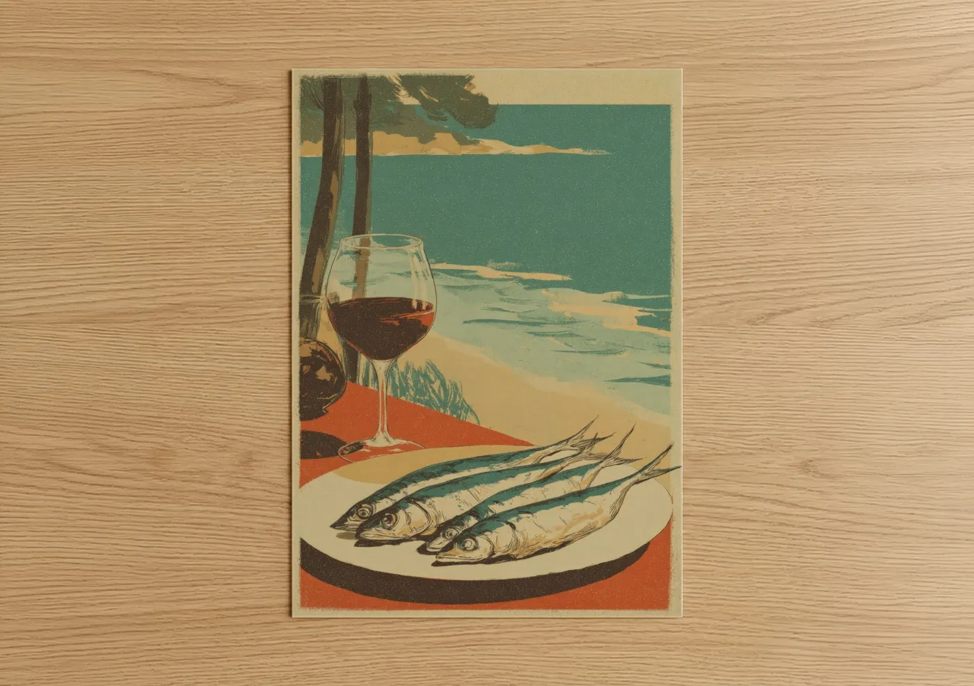 Vintage Seafood Wine Coastal Scene Wall Art