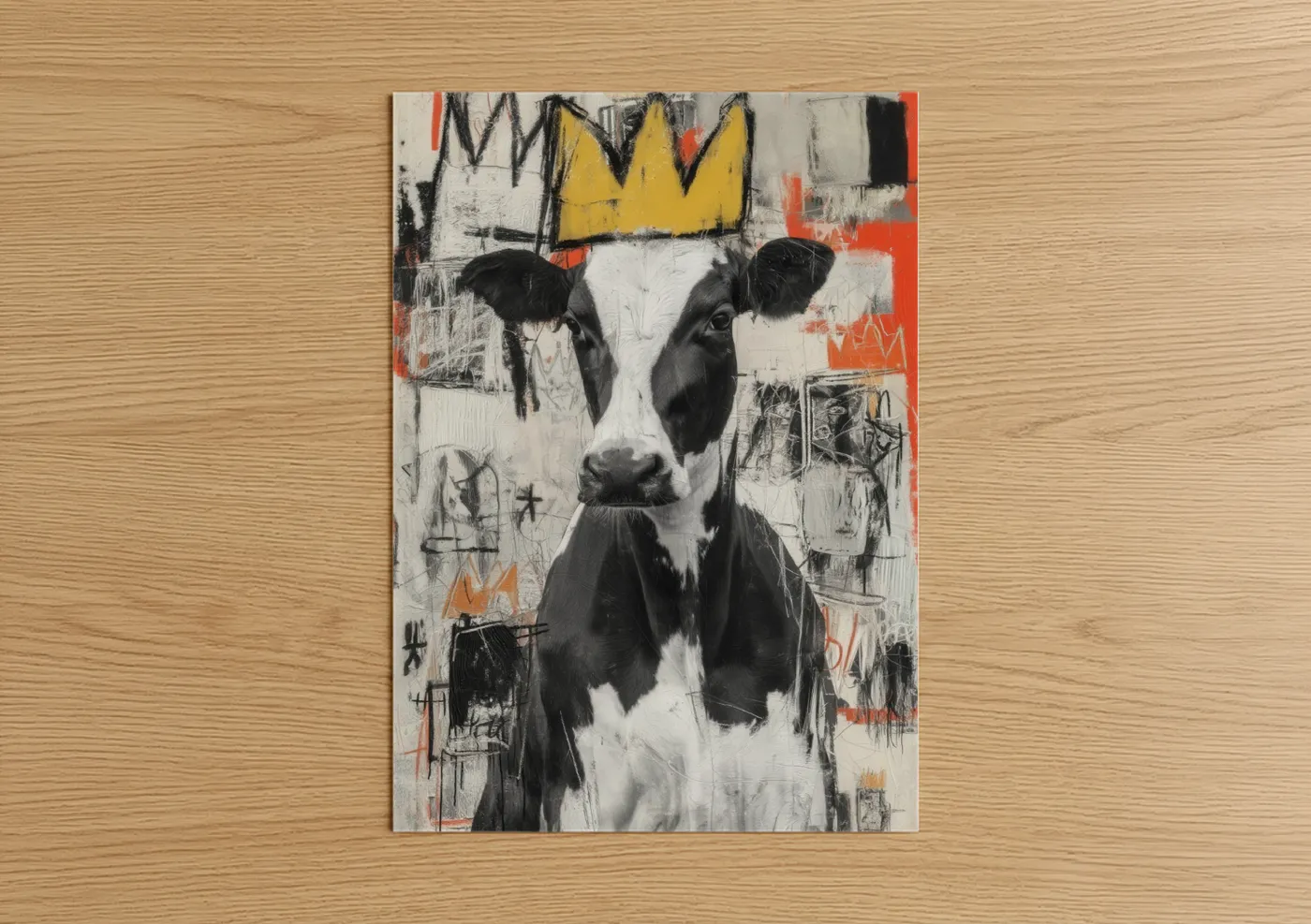 Art print on warm oak wood — black and white and yellow gold palette — Crowned Jersey Cow poster