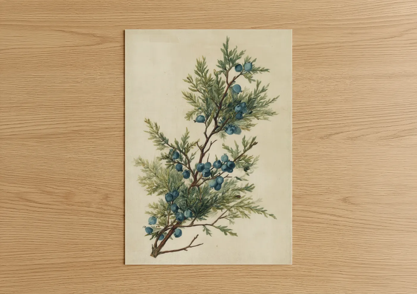 Juniper tree art print on warm oak wood — cream and light green palette — Juniper Berry Branch poster
