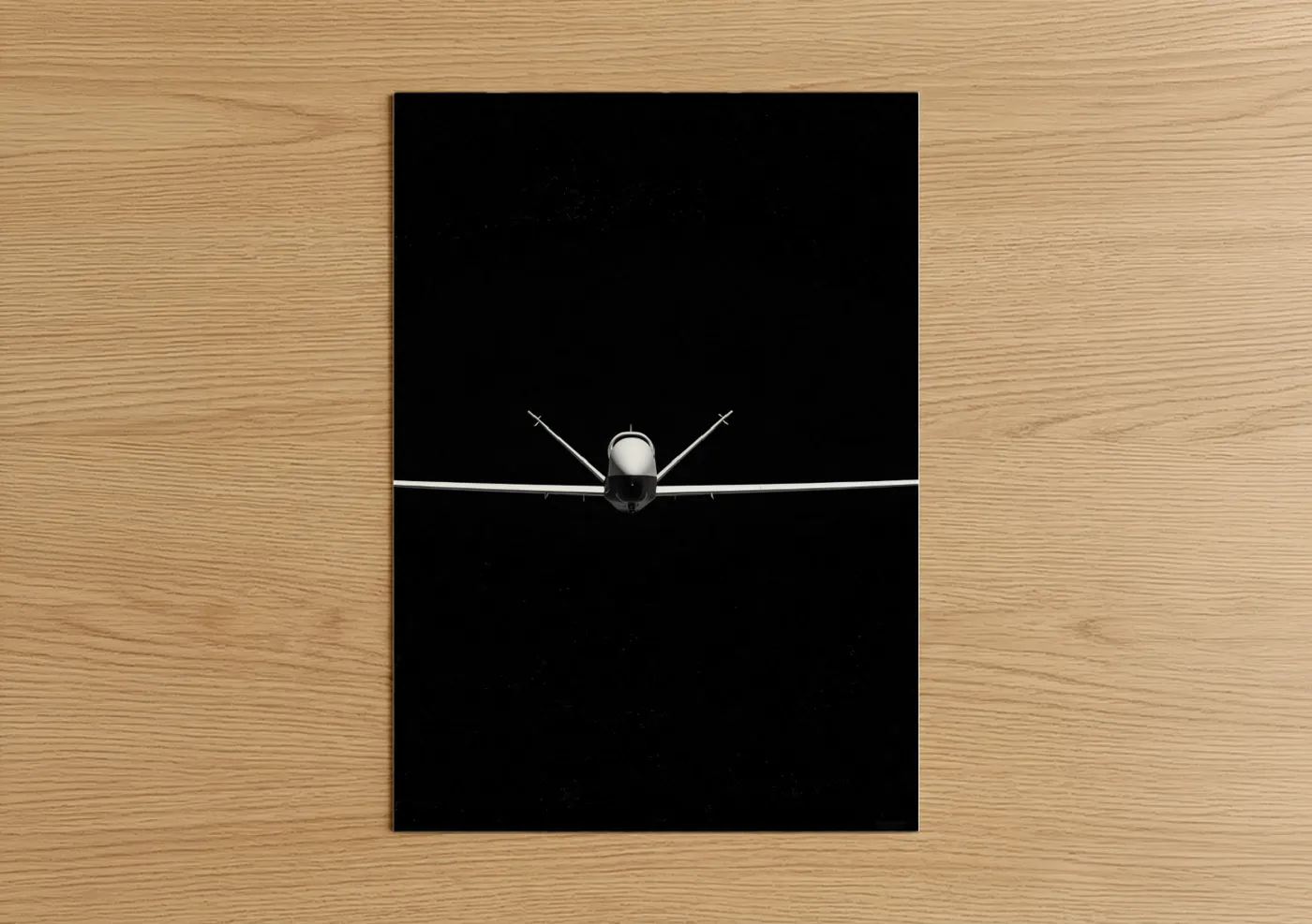 Military plane art print on warm oak wood — black and white palette — Tactical Fighter poster