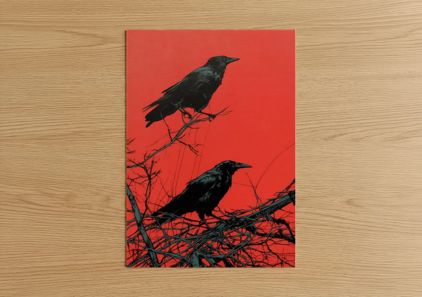 Crows and ravens art print on warm oak wood — red and black palette — Crimson Crows poster