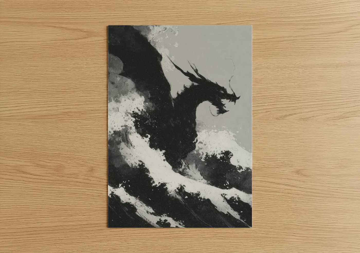 Art print on warm oak wood — black and white palette — Stormy Dragon poster