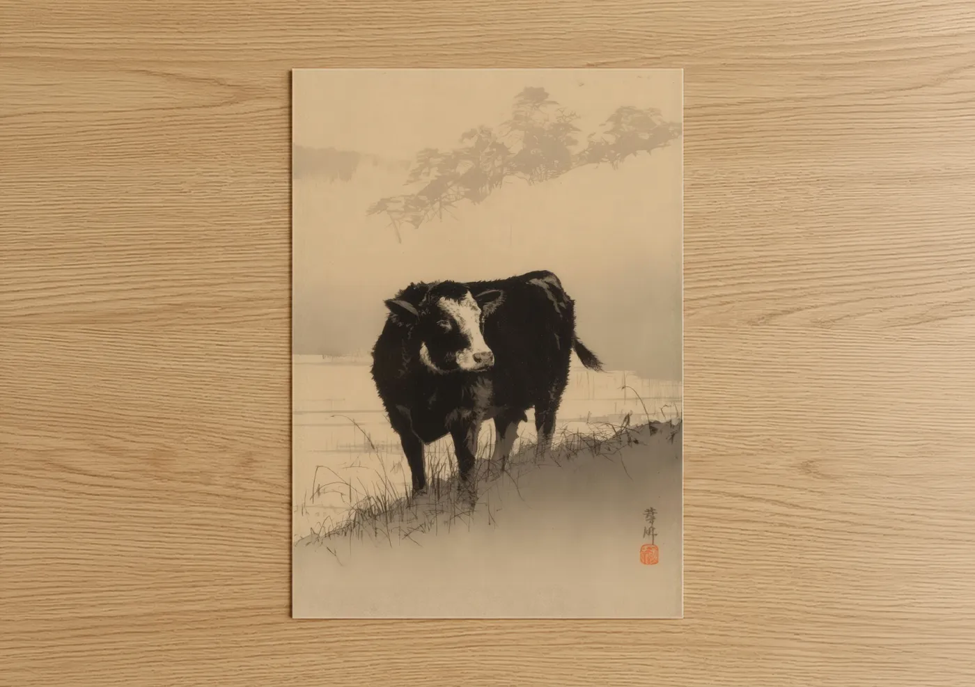 Misty Angus Cow Japanese Art Print Wall Art