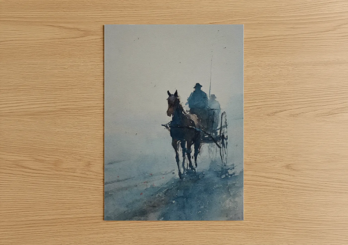 Art print on warm oak wood — gray and blue palette — Misty Wagon Journey poster
