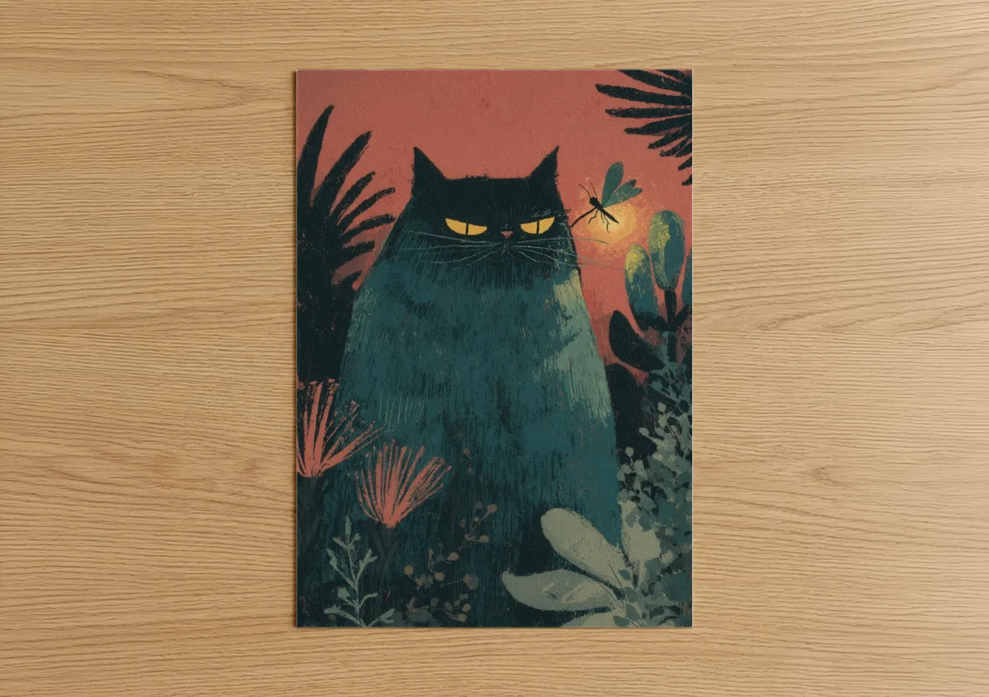 Art print on warm oak wood — teal and salmon pink palette — Mystical Cat Fireflies poster