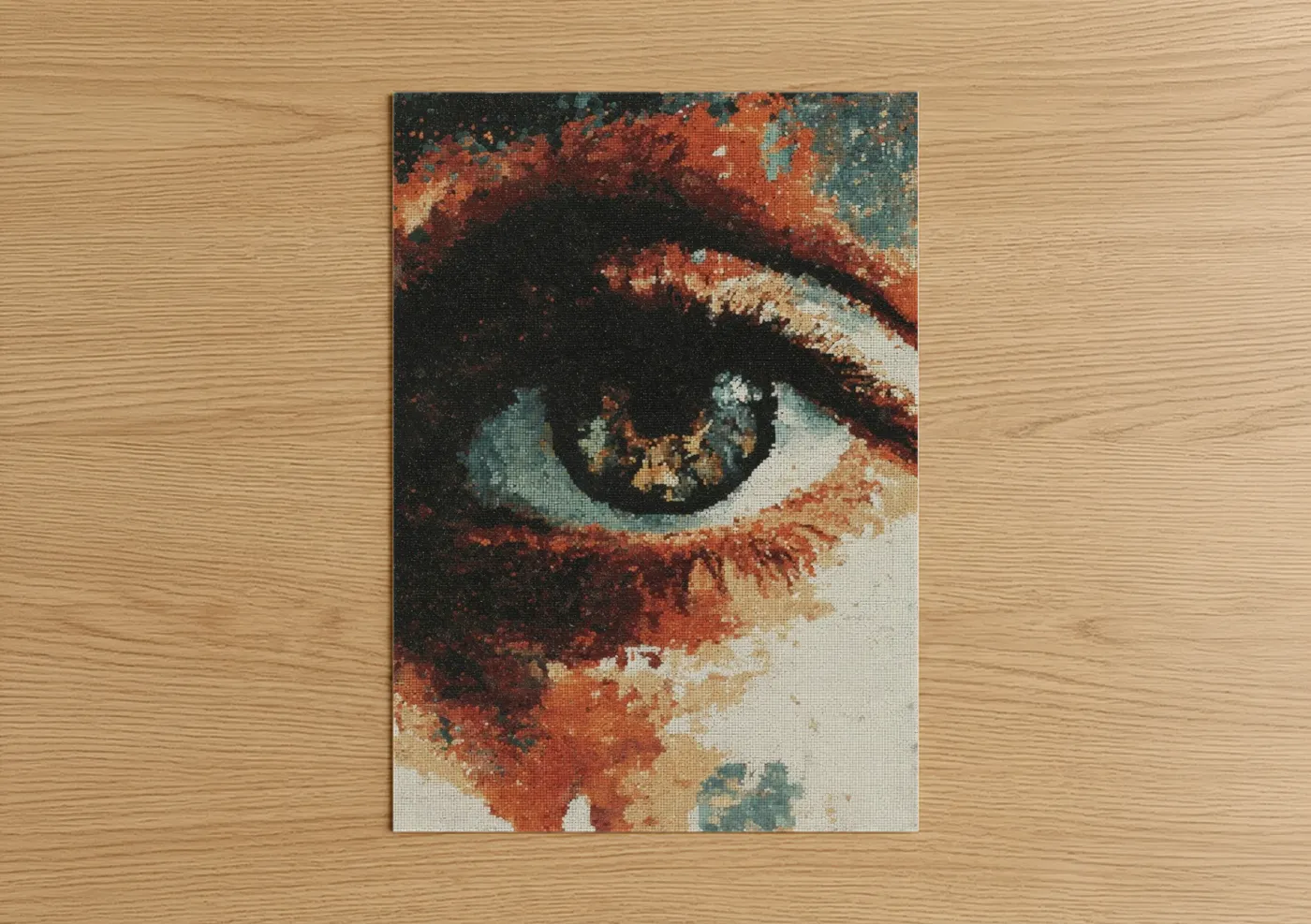 Abstract classic art print on warm oak wood — russet and teal palette — Geometric Eye poster