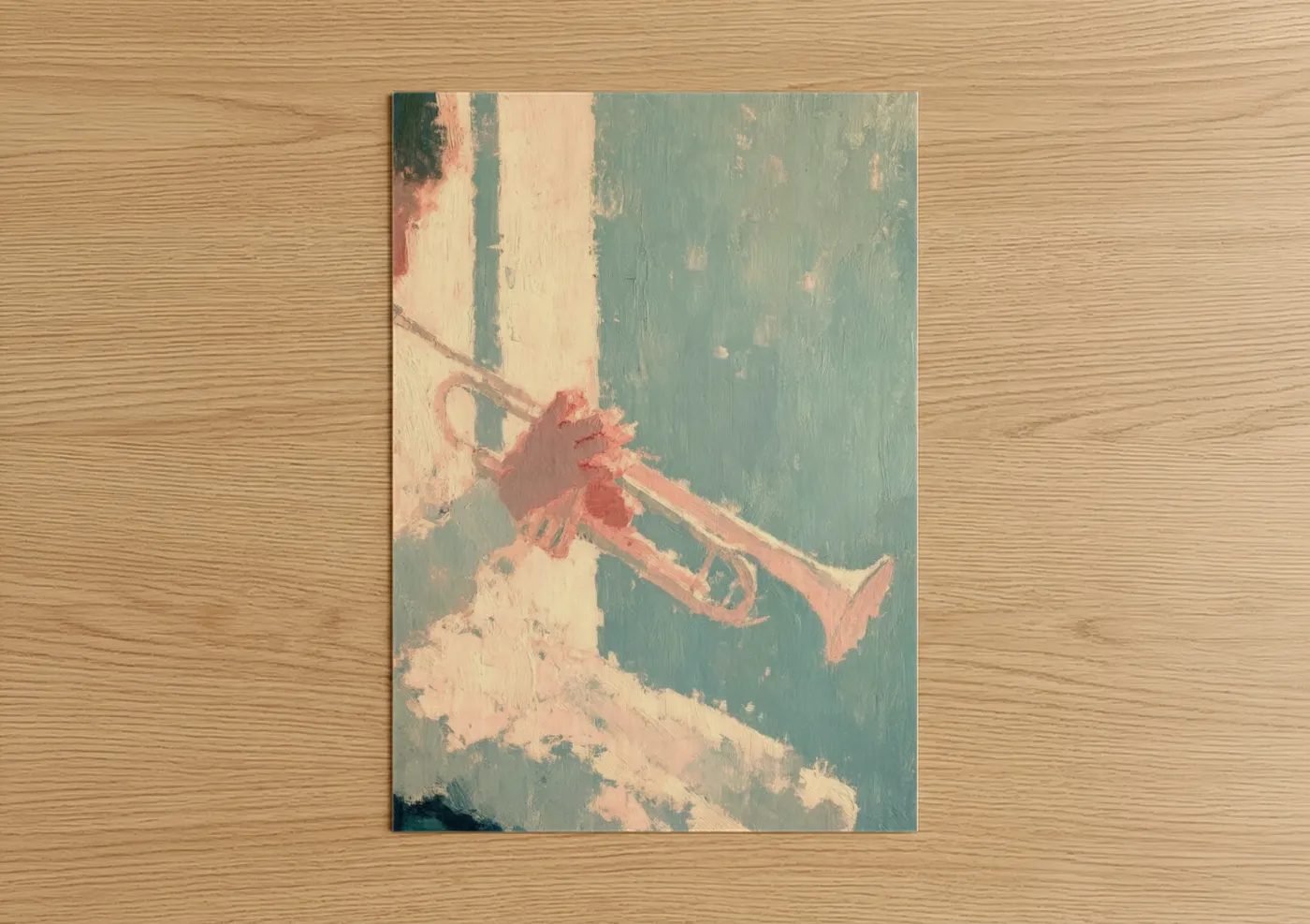 Art print on warm oak wood — teal and peach palette — Vintage Trumpet poster