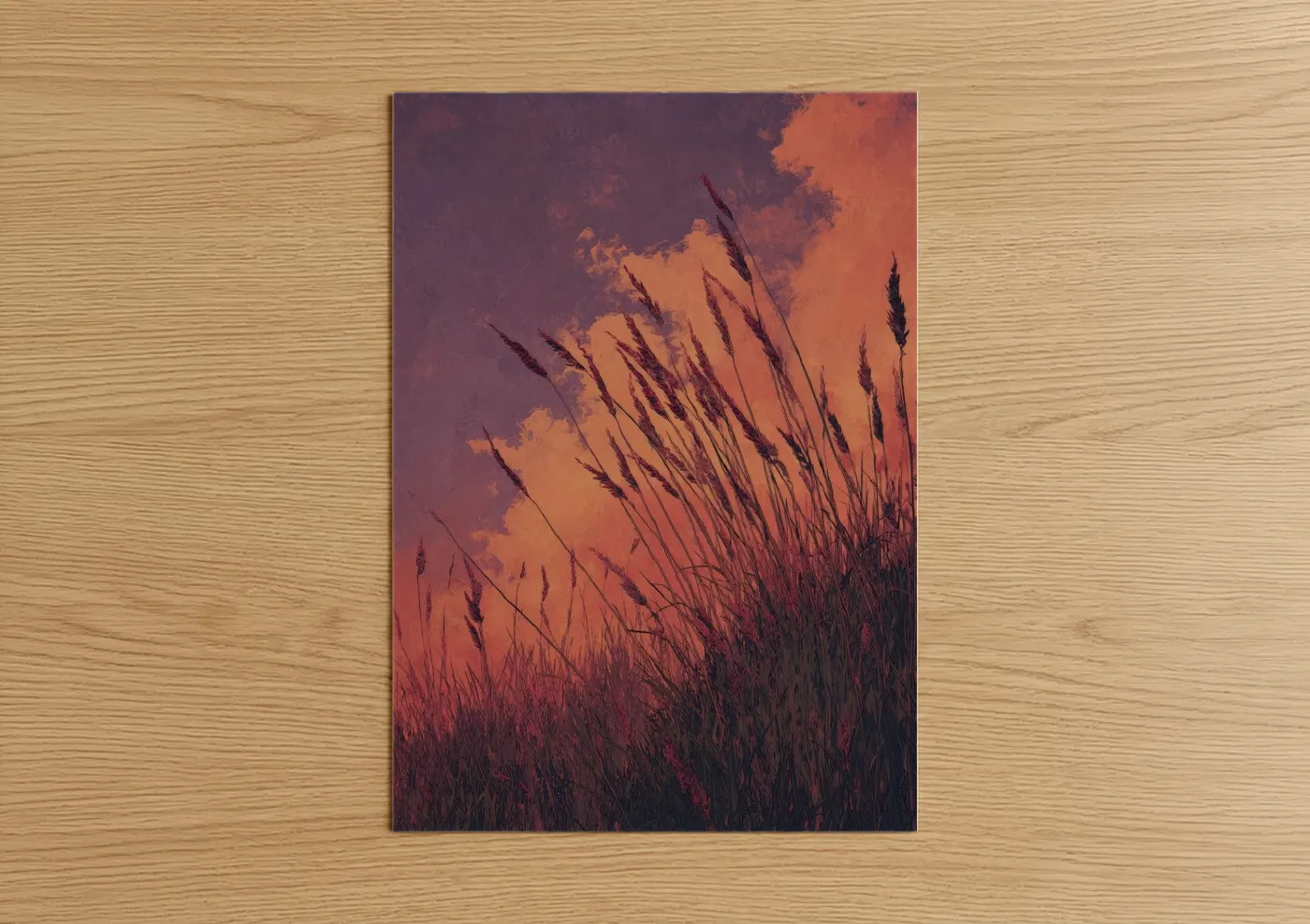 Art print on warm oak wood — orange and maroon palette — Sunset Grass poster