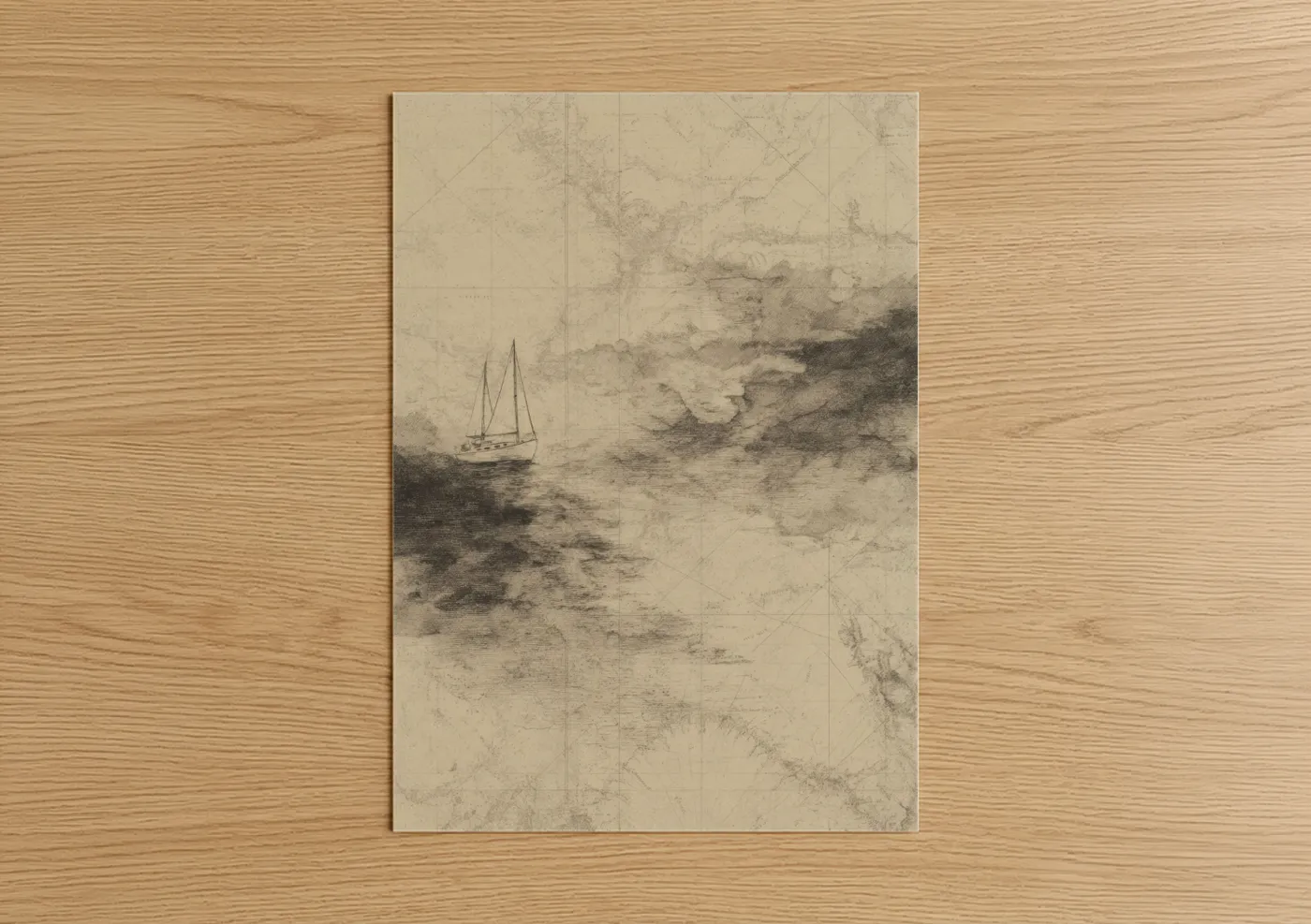 Solitary Sailboat Vintage Map Wall Art