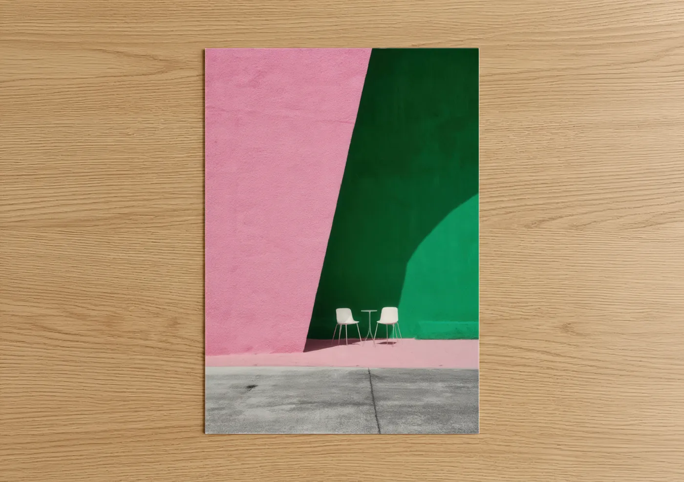 Abstract architecture art print on warm oak wood — pink and true green palette — Pink Modern Dialogue poster
